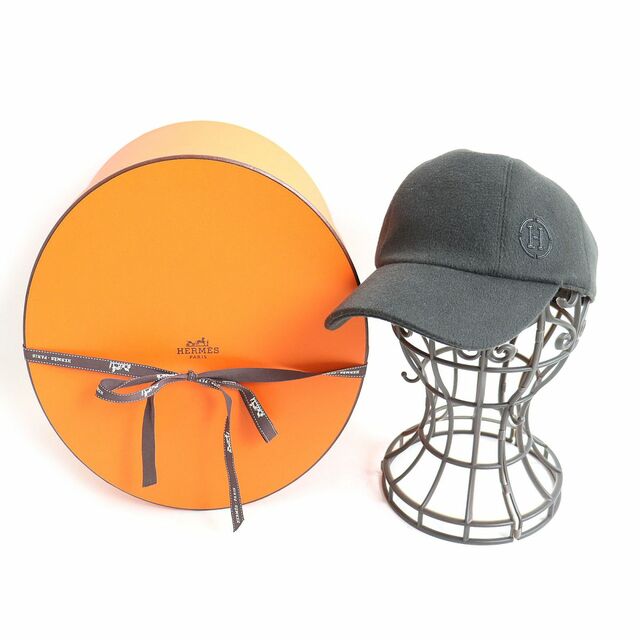 極美品◆HERMES エルメス Hロゴ入り セリエボタン カシミヤ100% ベースボールキャップ/帽子 ダークブラウン 58 仏製 メンズ 箱付き 正規品