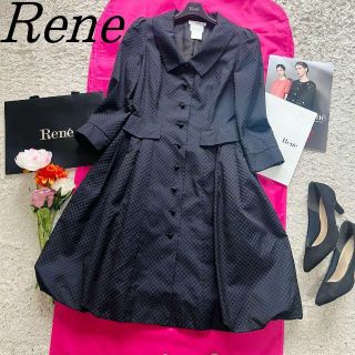 ルネ(René)の【美品】Rene コートワンピース ネイビー TISSUE 36 襟 フレア(ひざ丈ワンピース)