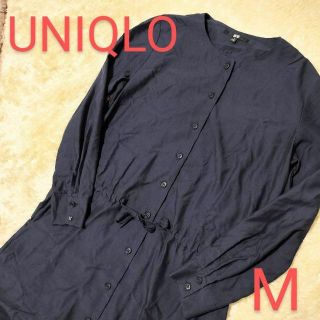 ユニクロ(UNIQLO)のユニクロ レディース トップス シャツブラウス 長袖 ノーカラー ネイビー m(シャツ/ブラウス(長袖/七分))