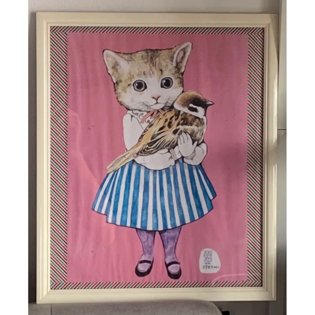 猫ちゃんと小鳥ちゃんの絵画3点セット