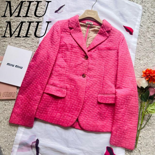 【良品】MIU MIU ジャケット ピンク 40 襟 ミドル丈 ライトアウター