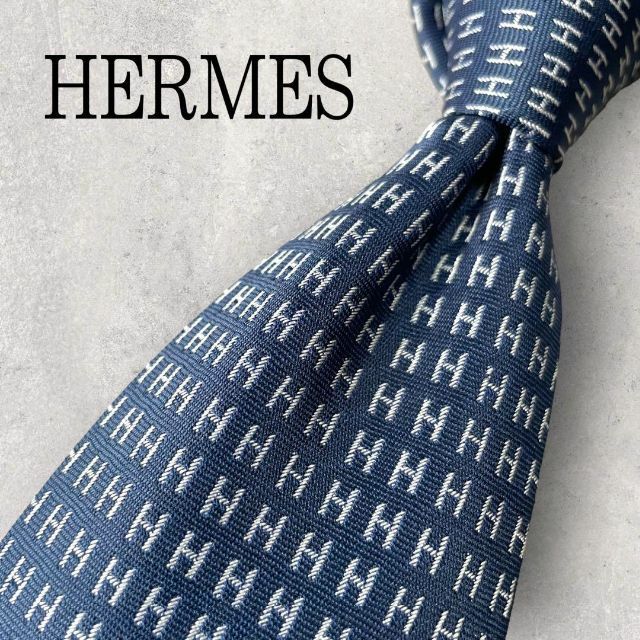 HERMES エルメス　ネクタイ　紺　H柄　ファソネ　シルクジャガード