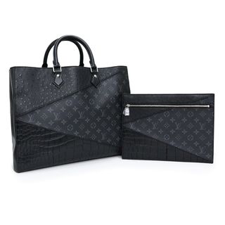 ルイヴィトン(LOUIS VUITTON)のルイ ヴィトン グランサック ハンドバッグ モノグラムエクリプス オーストリッチ クロコダイル エキゾチックレザー ブラック 黒 N96388 ポーチ付 LOUIS VUITTON（未使用　展示品）(ハンドバッグ)