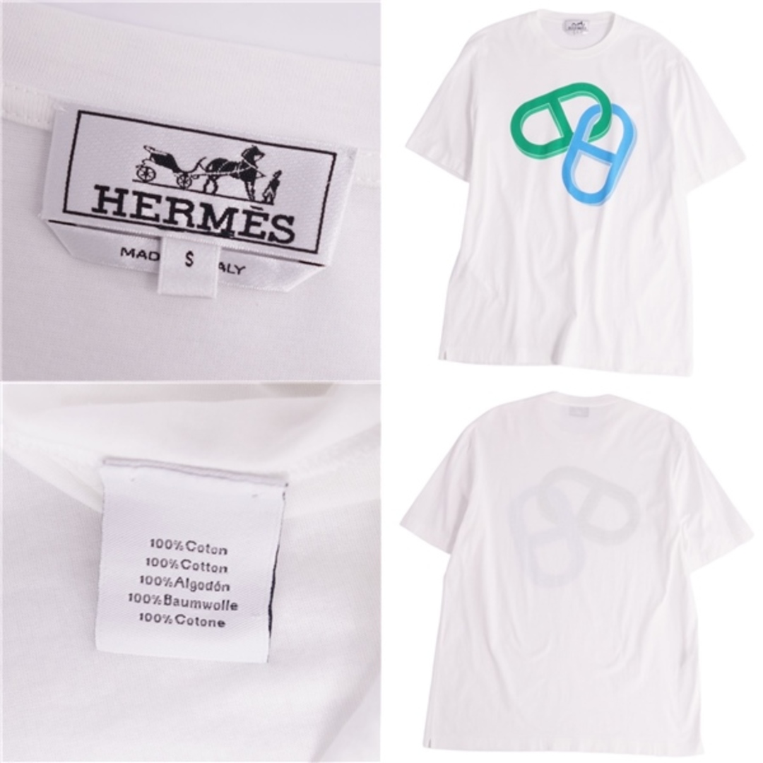 美品 エルメス HERMES Tシャツ カットソー 半袖 ショートスリーブ シェーヌダンクル プリント トップス メンズ S ホワイト/ブルー/グリーン 4