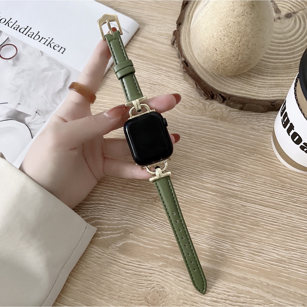 76%OFF!】 Apple Watch レザー 38 40 41mm グリーン+ゴールドバックル 