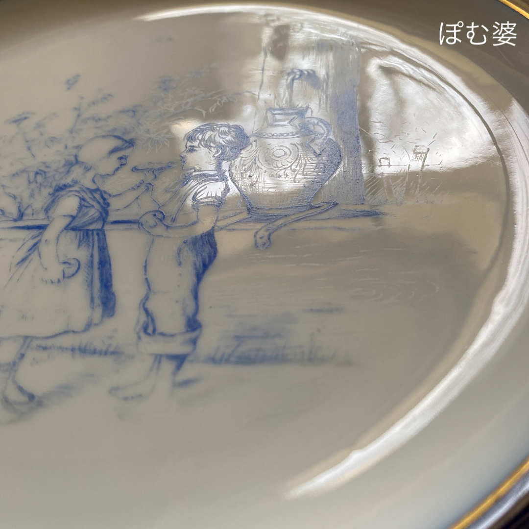 MEISSEN - 【古マイセン】コバルト金彩/プレート「子供のいる風景/白