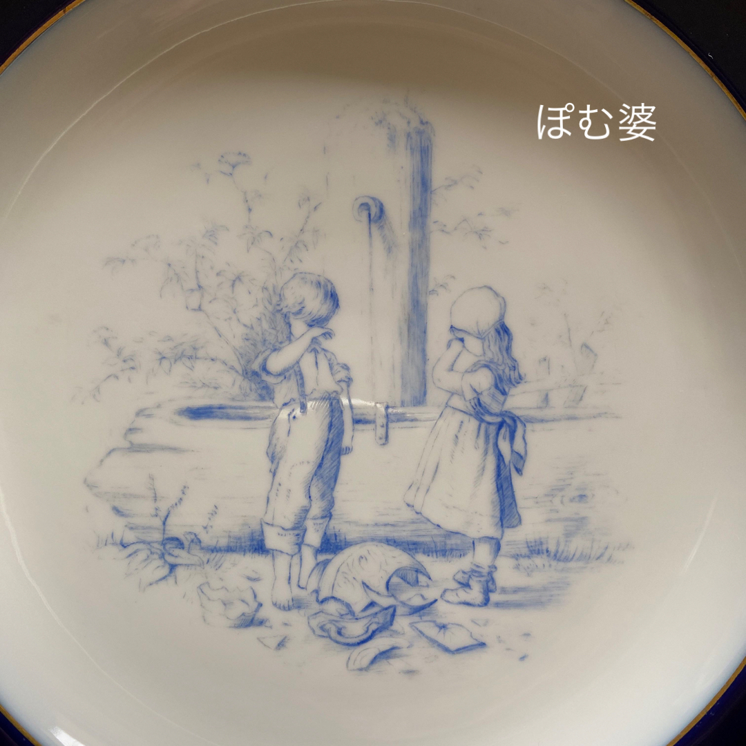 ☆お取置き【古マイセン】コバルト金彩/プレート「子供のいる風景/白