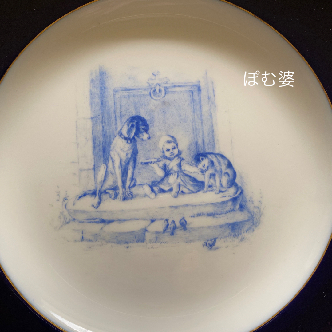 MEISSEN - 【古マイセン】コバルト金彩/プレート「子供のいる風景/白 MEISSEN - 【古マイセン】コバルト金彩/プレート「子供のいる風景/白
