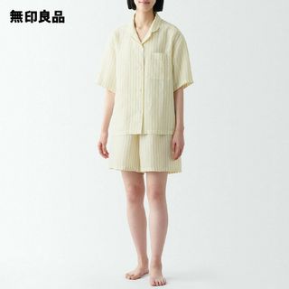 ムジルシリョウヒン(MUJI (無印良品))の無印良品 天然素材の接触冷感 リヨセル麻半袖パジャマ／ライトイエローストライプＬ(パジャマ)