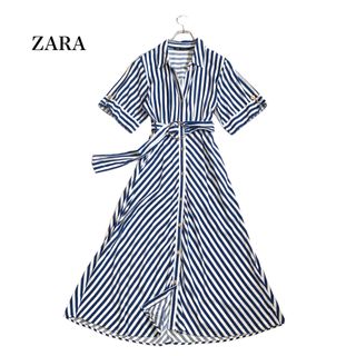 ザラ(ZARA)のザラ 大人可愛い Aライン 金ボタン リネン シャツワンピース ロング丈 ブルー(ロングワンピース/マキシワンピース)