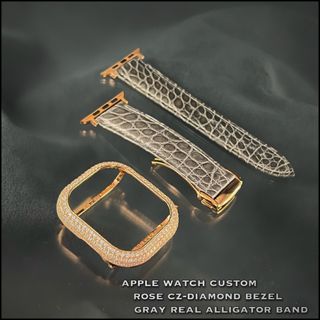 アップルウォッチ(Apple Watch)のアップルウォッチ　czダイヤモンドベゼル　リアルアリゲーターベルト(レザーベルト)