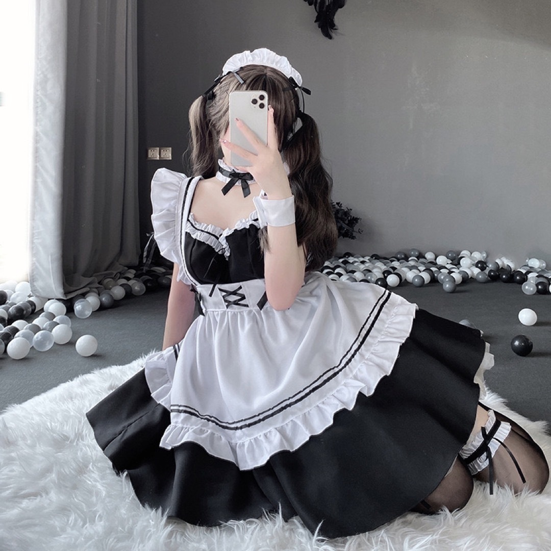 超安い メイド服 ハロウィン 萌え かわいい コスプレ ロリータ 8点セット