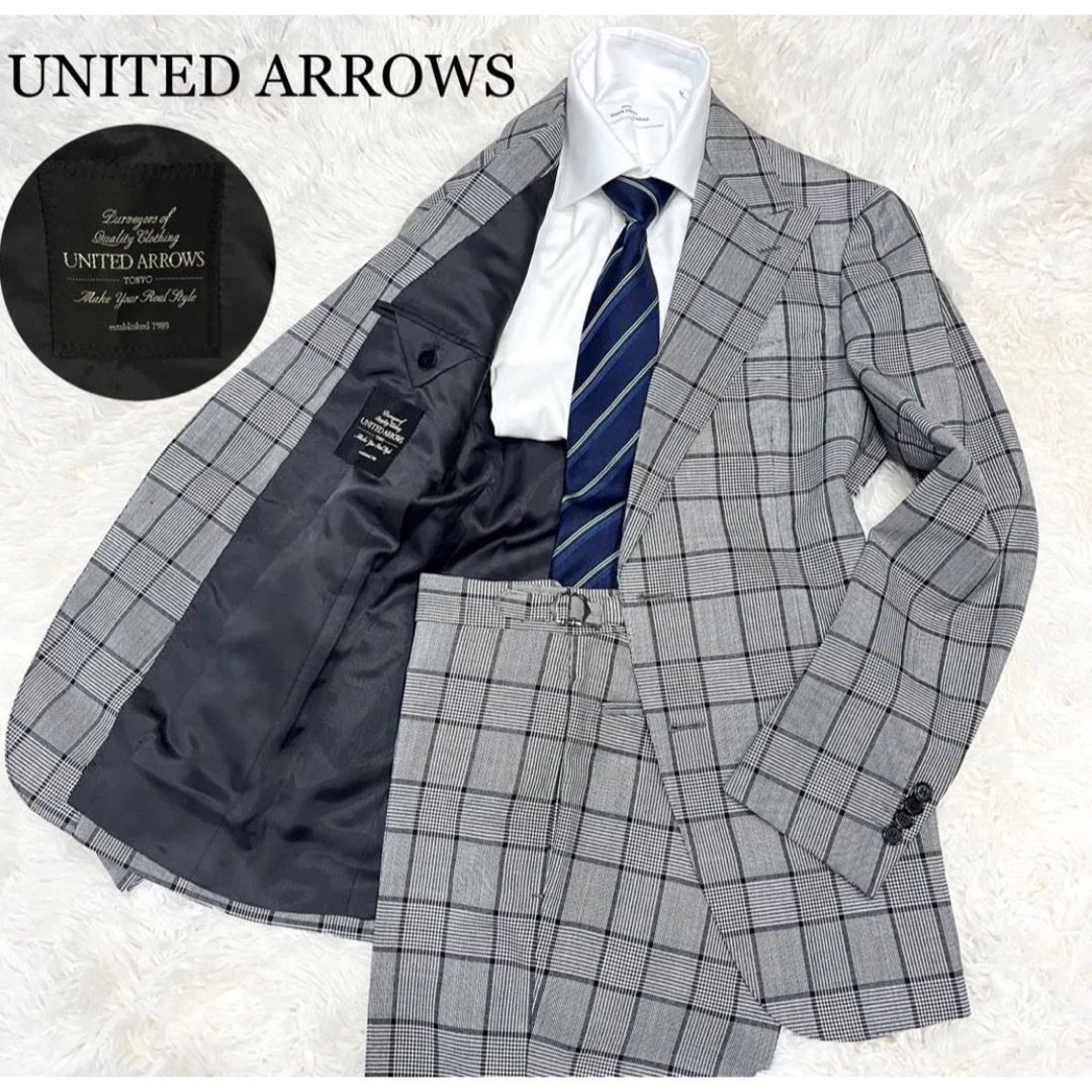 美品 UNITED ARROWS細身 グレー グレンチェック 42 スーツ