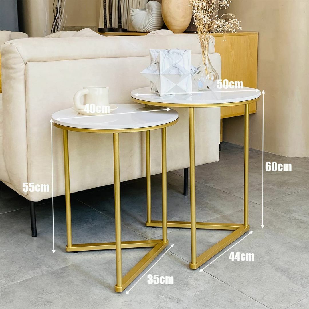 UNHO ネストテーブル 丸 大理石天板×ゴールド脚 サイドテーブル 2個セット 5