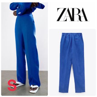 ザラ(ZARA)のZARA ザラ WIDE LEG PANTS   リネンワイドパンツ　S ブルー(カジュアルパンツ)