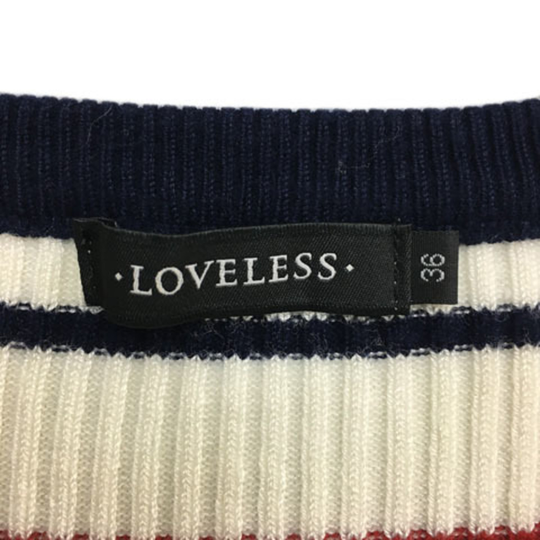 LOVELESS(ラブレス)のラブレス カットソー ニット Vネック ボーダー リブ 半袖 36 白 紺 レディースのトップス(カットソー(半袖/袖なし))の商品写真