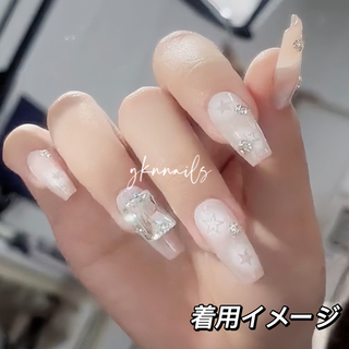 【A012】ホワイト キラキラネイルチップ♡星 シルバーラメ&蝶々