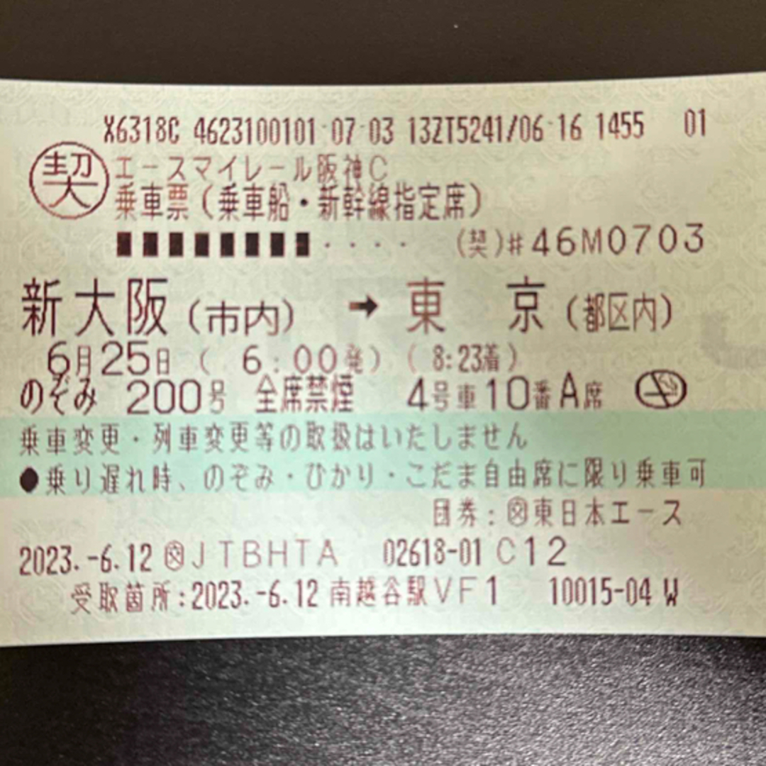 6月25日 新大阪 → 東京 指定 片道 新幹線 チケット