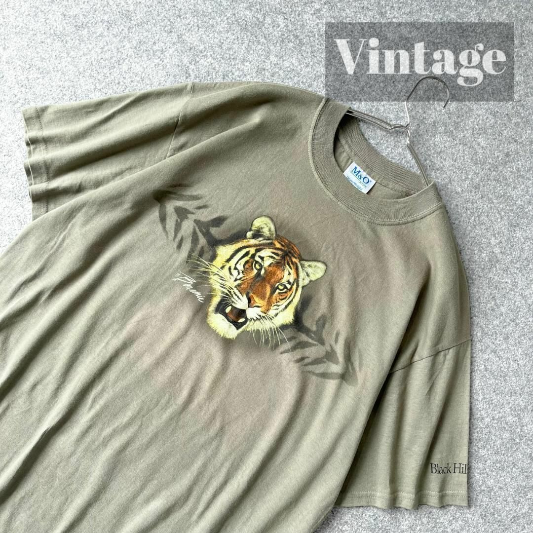 ART VINTAGE(アートヴィンテージ)の【vintage】虎 タイガー プリント ルーズ レトロ Tシャツ カーキ L メンズのトップス(Tシャツ/カットソー(半袖/袖なし))の商品写真