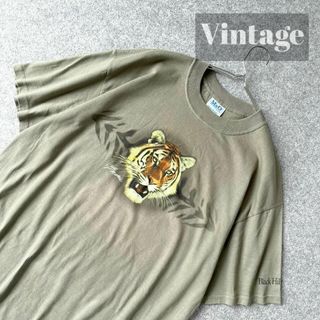 アートヴィンテージ(ART VINTAGE)の【vintage】虎 タイガー プリント ルーズ レトロ Tシャツ カーキ L(Tシャツ/カットソー(半袖/袖なし))