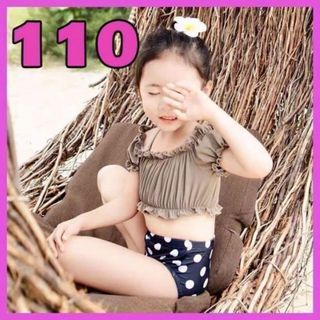 ドット オフショル水着 110cm 帽子付き セパレート女の子韓国子供服(水着)