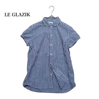 ルグラジック(LE GLAZIK)の美品 ルグラジック コットン ラウンドカラー ブラウス チェック 紺 白 36(シャツ/ブラウス(半袖/袖なし))