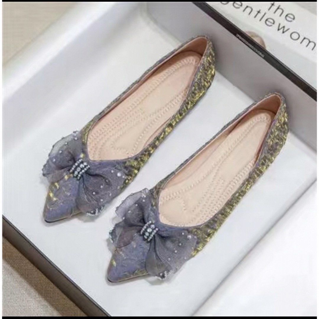 おしゃれレース蝶ネクタイローヒールパンプス 23.5cm レディースの靴/シューズ(ハイヒール/パンプス)の商品写真