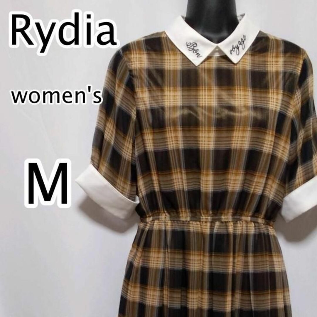 Rydia　ワンピース　襟　刺繍　デザイン　チェック　ブラウン　半袖 レディースのワンピース(ひざ丈ワンピース)の商品写真