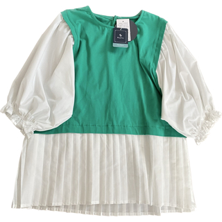 新品ぽわん半袖ブラウスレイヤード風トップス緑グリーンL可愛いプリーツ裾ホワイト白(シャツ/ブラウス(半袖/袖なし))