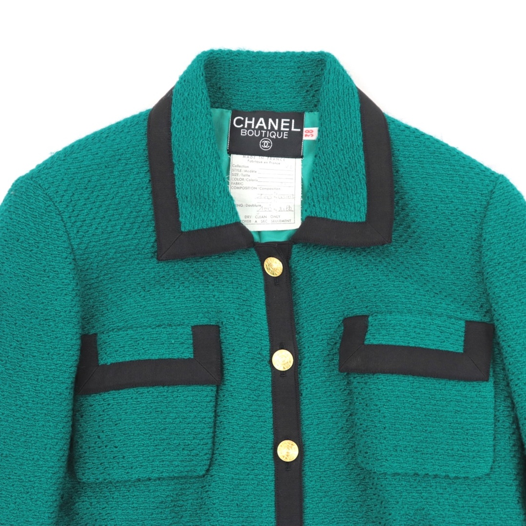 シャネル ヴィンテージ セットアップ レディース ウール 緑 黒 38 スカート スーツ ジャケット ココマークボタン グログラン CHANEL