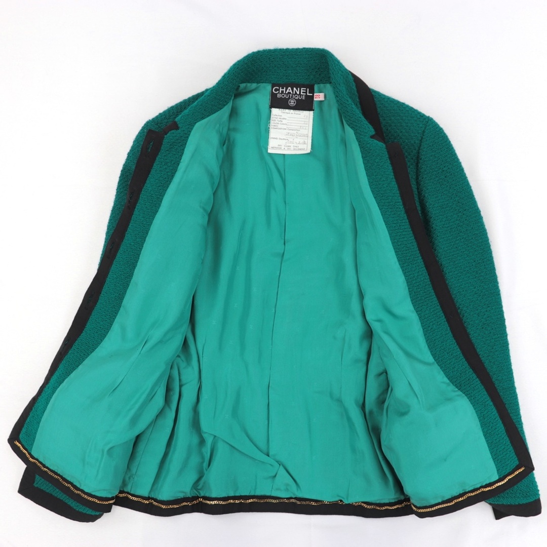 約40cm身幅シャネル ヴィンテージ セットアップ レディース ウール 緑 黒 38 スカート スーツ ジャケット ココマークボタン グログラン CHANEL