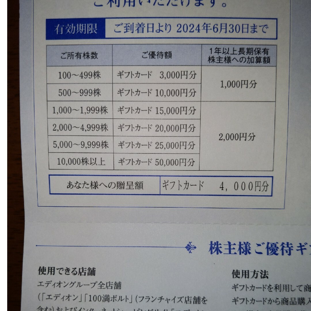 エディオン株主優待4000円分 チケットの優待券/割引券(ショッピング)の商品写真