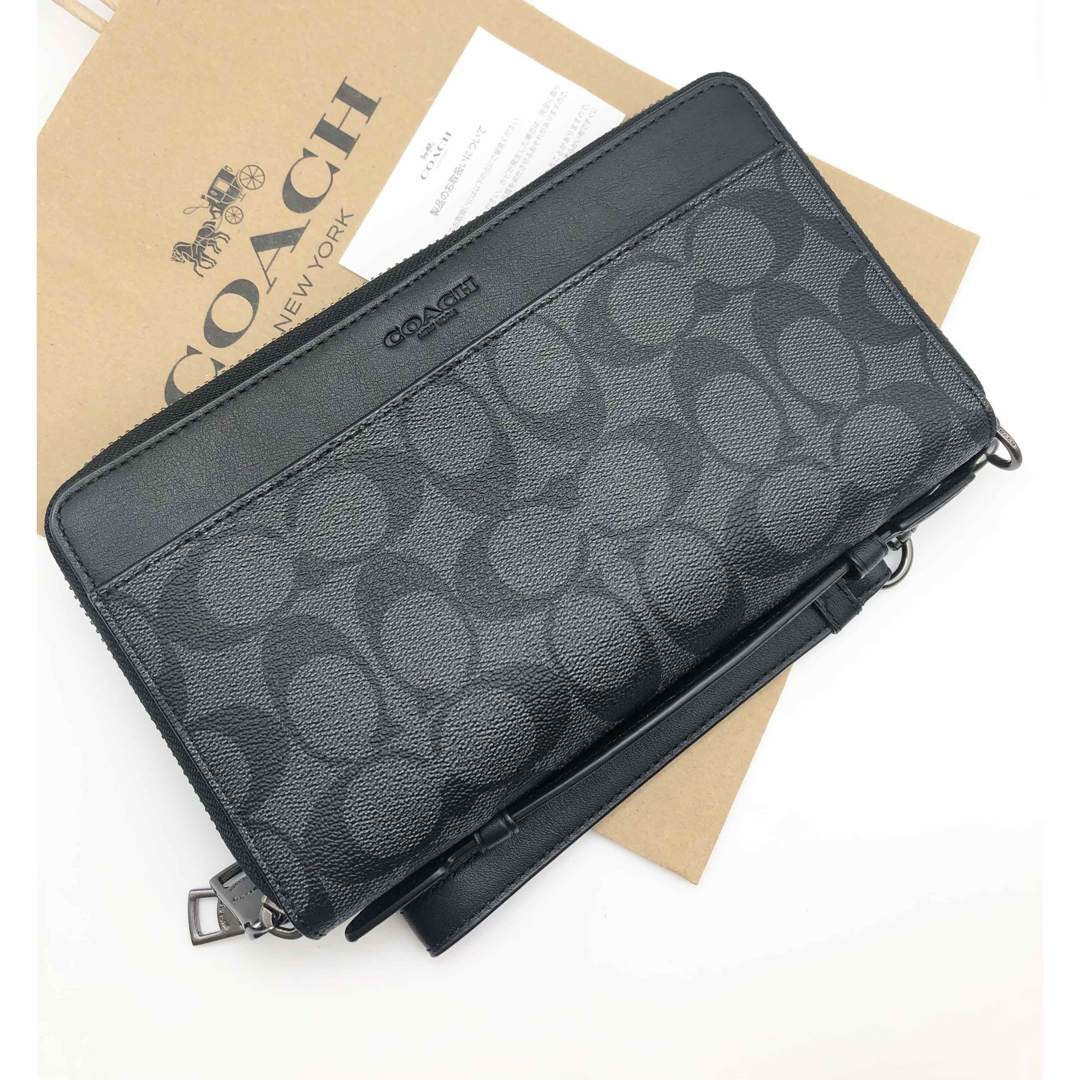 【COACH☆新品】大人気!ダブルジップ!トラベル!シグネチャー!チャコール! | フリマアプリ ラクマ