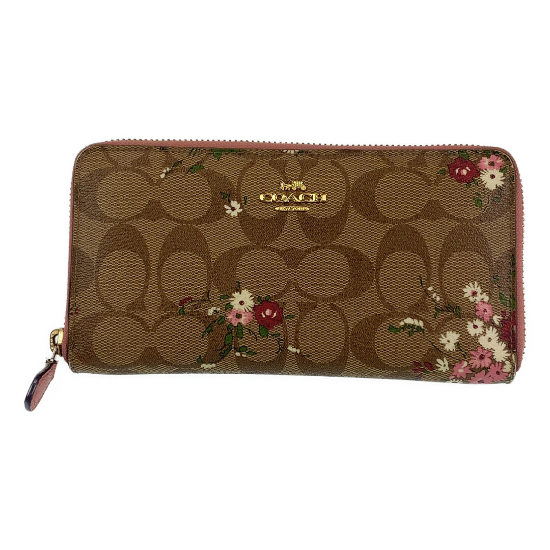 COACH(コーチ)のCOACH コーチ シグネチャー ベージュ ブラウン 茶 ピンク ゴールド金具 レザー /PVCコーティングキャンバス F29931 長財布 札入れ レディース 402769 【中古】 レディースのファッション小物(財布)の商品写真