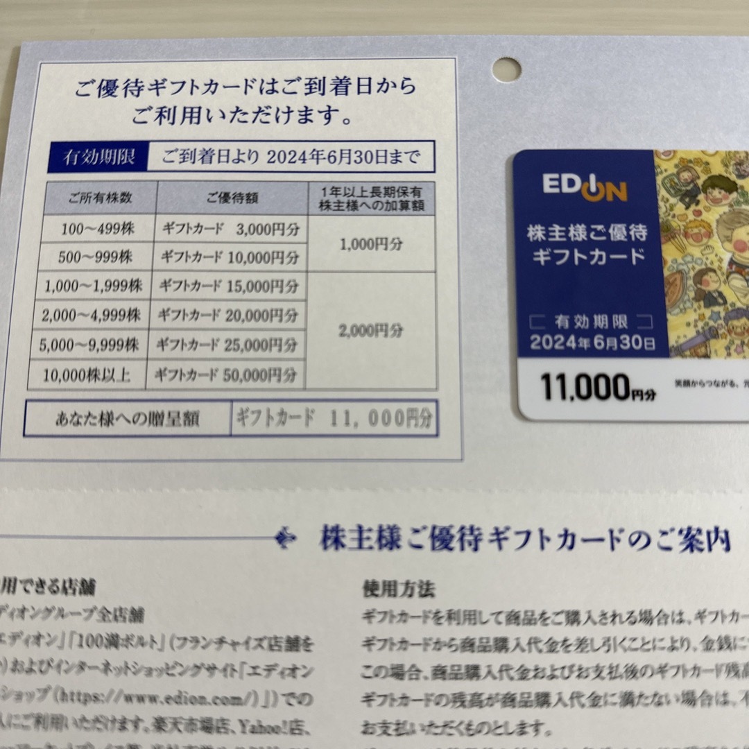 T-ポイント5倍 エディオン EDION 株主優待ギフトカード 11000円分