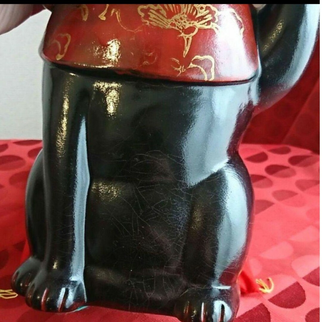 8/1迄限定値引中✨吉祥江戸古色》黒猫左手上げ 招き猫★厄病退散•座布団付き