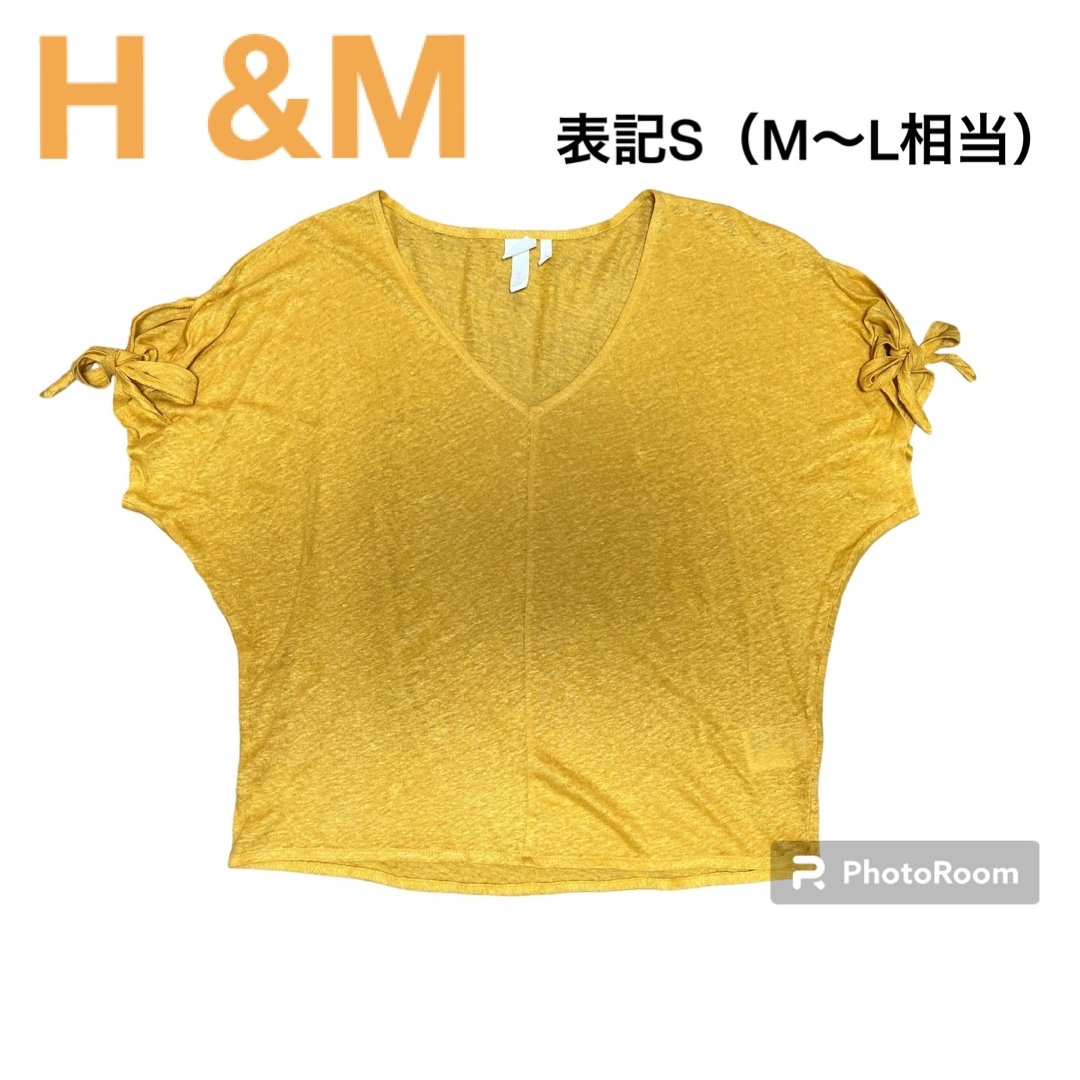 H&M(エイチアンドエム)のH &Mエイチアンドエム　L カットソー　トップス　リボン　リネン　麻　ブラウス レディースのトップス(カットソー(半袖/袖なし))の商品写真