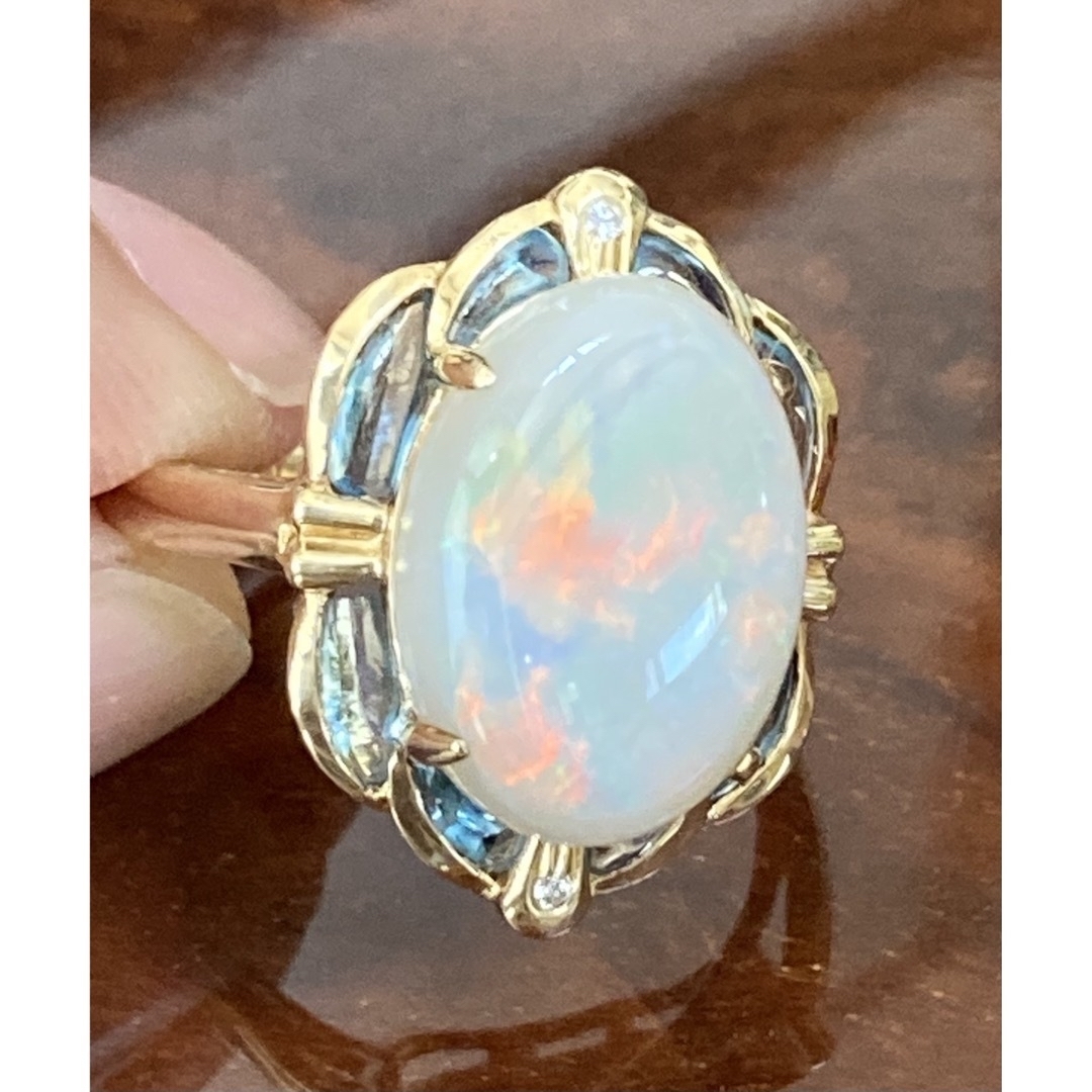 k18 天然オパール4.10ct ブルートパーズ ダイヤモンド リング