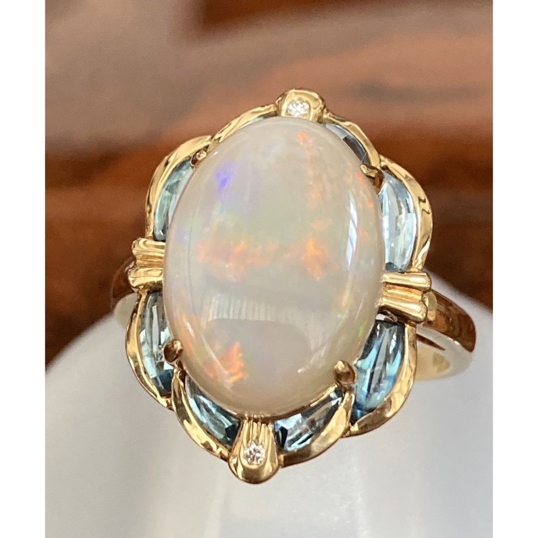 k18 天然オパール4.10ct ブルートパーズ ダイヤモンド リング
