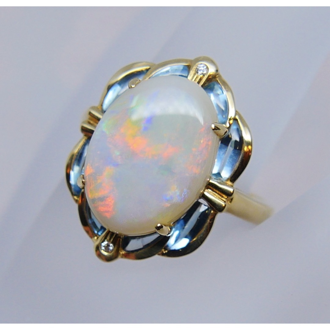 k18 天然オパール4.10ct ブルートパーズ ダイヤモンド リング