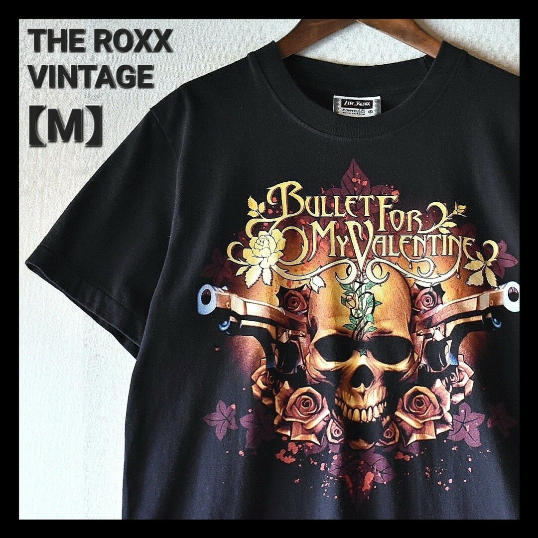 ★THE ROXX ビンテージスカル バラ拳銃 シングルステッチ黒Tシャツ