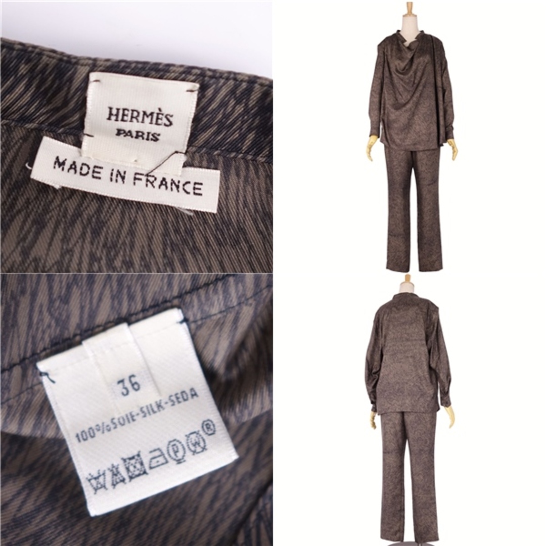 Hermes(エルメス)の極美品 エルメス HERMES セットアップ パンツスーツ ブラウス ロングスリーブ パンツ 総柄 シルク レディース 36(S相当) ブラウン/ブラック レディースのフォーマル/ドレス(スーツ)の商品写真