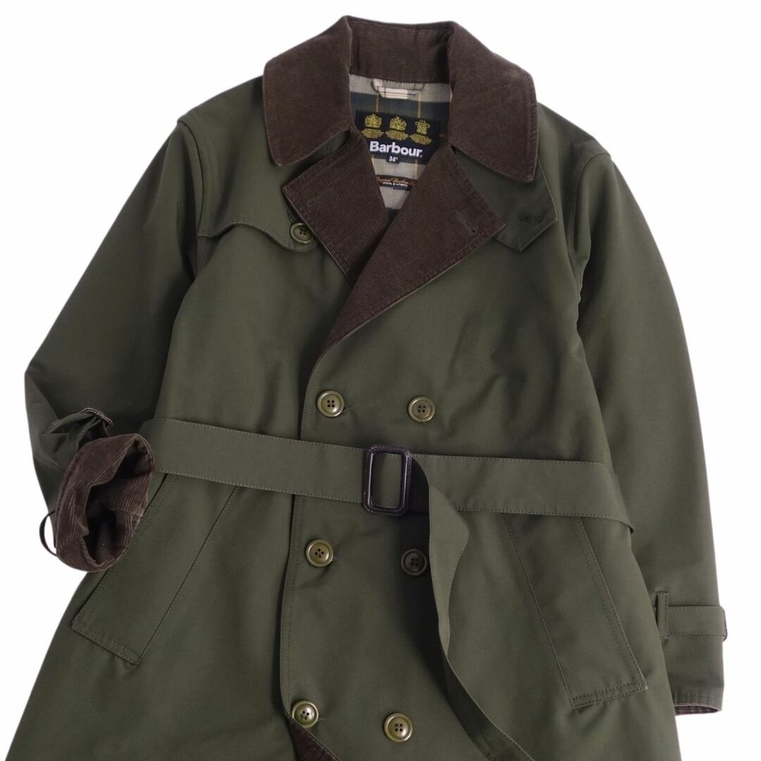 美品 バブアー Barbour コート トレンチコート 2LAYER TRENCH COAT 襟コーデュロイ 裏チェック アウター メンズ  34(S相当) オリーブカーキ