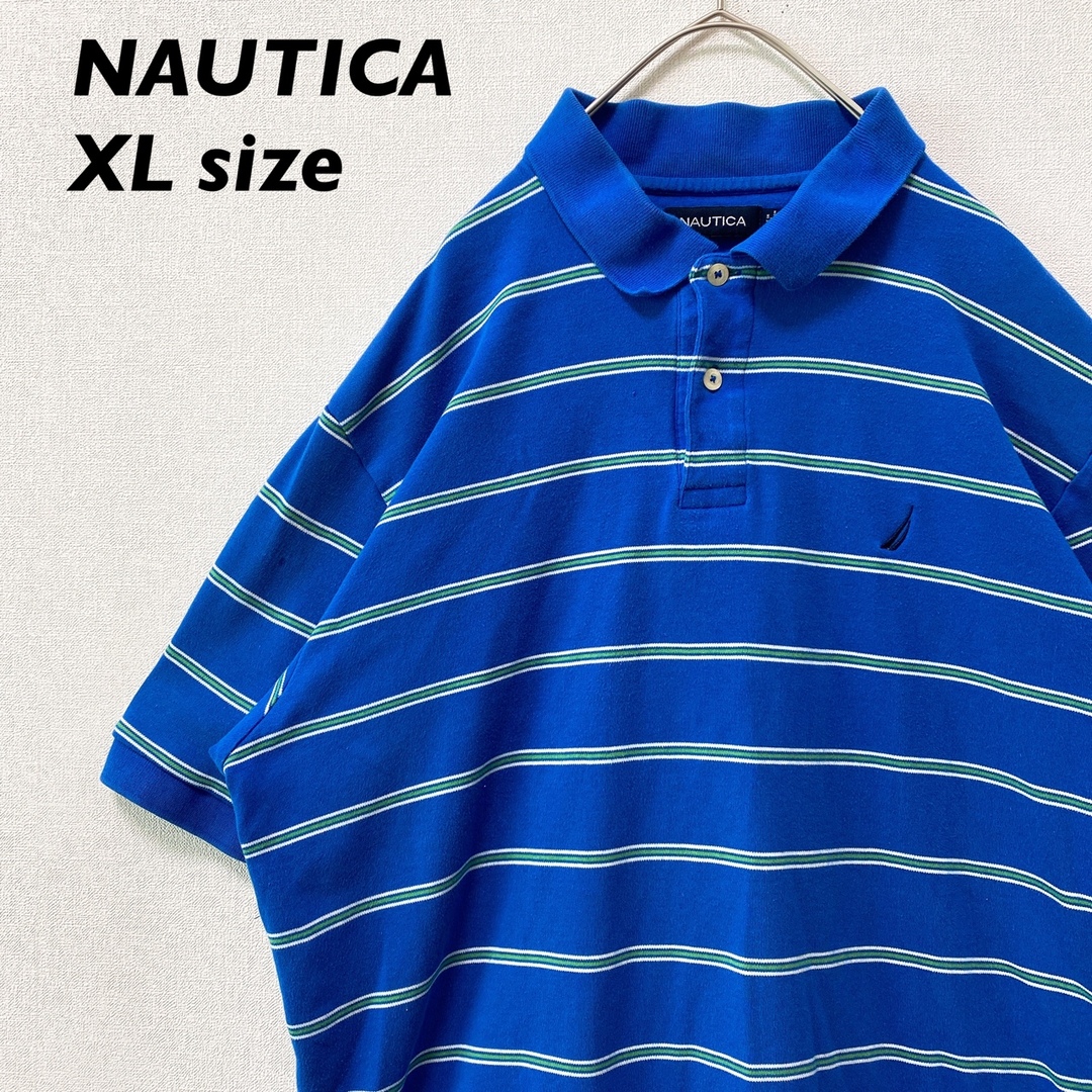 NAUTICA(ノーティカ)のノーティカ　半袖ポロシャツ　ラガー　ボーダー　刺繍ロゴ　男女兼用　青色　XL メンズのトップス(ポロシャツ)の商品写真