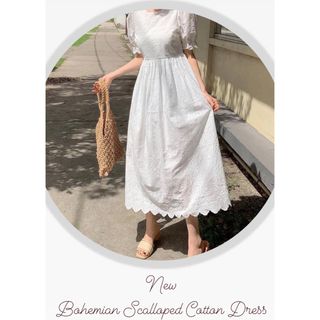 ロンハーマン(Ron Herman)の人気】Bohemian Scalloped Cotton Dress 白ワンピ (ロングワンピース/マキシワンピース)