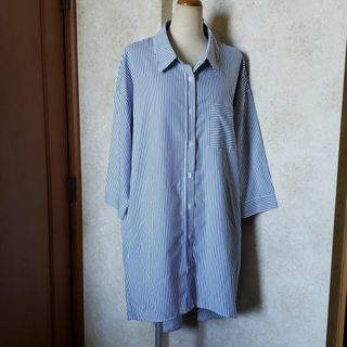 ❤ストライプ柄シャツワンピース❤ドロップショルダーミモレ丈/4L/新品未使用(ひざ丈ワンピース)