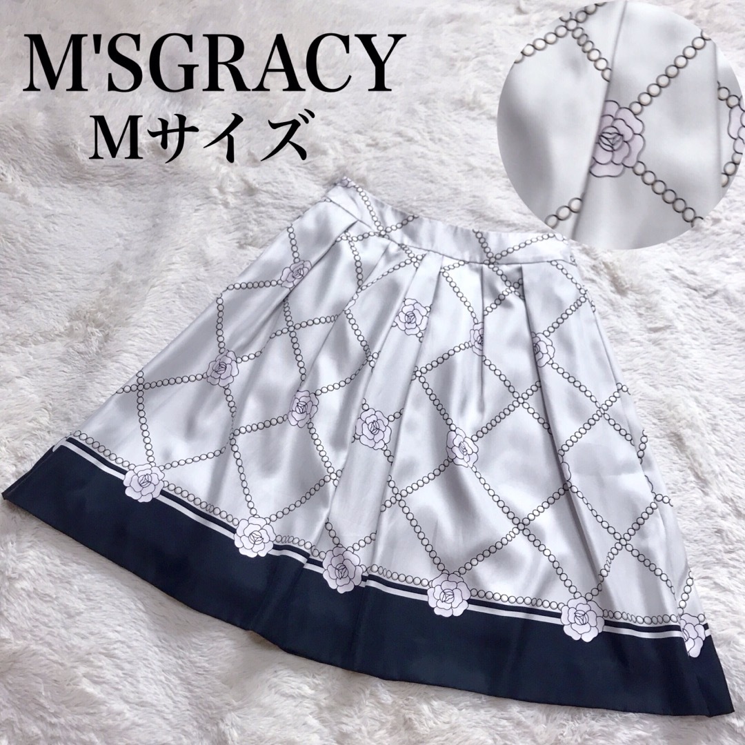 M'S GRACY(エムズグレイシー)の美品 エムズグレイシー　カメリア　パール　フレア　スカート 膝丈 総柄 38 レディースのスカート(ひざ丈スカート)の商品写真