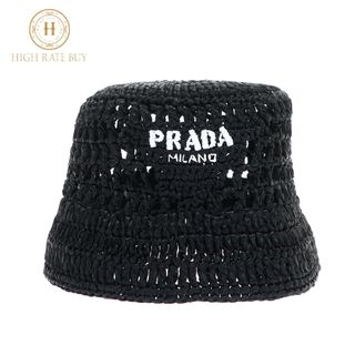 プラダ(PRADA)の【未使用品】PRADA プラダ  ラフィア バケットハット バケハ 1HC137 Sサイズ ネロ NERO ブラック 黒 ICチップ レディース メンズ 麦わら帽子 2023年 春夏 新作 ウーブン レタリングロゴ(ハット)