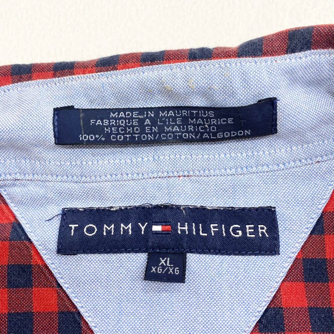 US古着 トミーヒルフィガー TOMMY HILFIGER ボタンダウンシャツ 半袖 ギンガムチェック柄 ワンポイント エンブレム 刺繍  サイズ：メンズ XL ビッグサイズ レッド×ネイビー【中古】