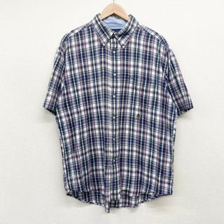 トミーヒルフィガー(TOMMY HILFIGER)のUS古着 トミーヒルフィガー TOMMY HILFIGER ボタンダウンシャツ 半袖 タータンチェック柄 ワンポイント エンブレム 刺繍 サイズ：メンズ XL ビッグサイズ ネイビー×イエロー×レッド等【中古】(シャツ)